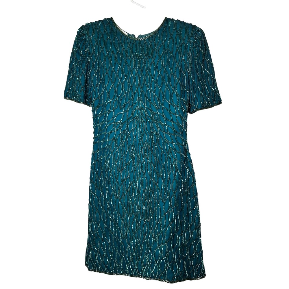 Laurence Kazar New York Emerald Green Sequin‎ Beaded Silk Vintage Cocktail Dress